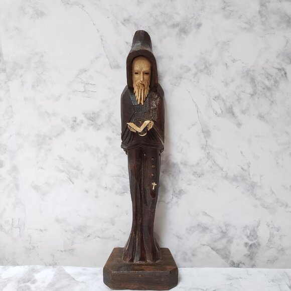 MCM Religious Old Man Hood Robe Book Vintage Hand Carve Wood Statue Goth Witchy - Picture 8 of 9